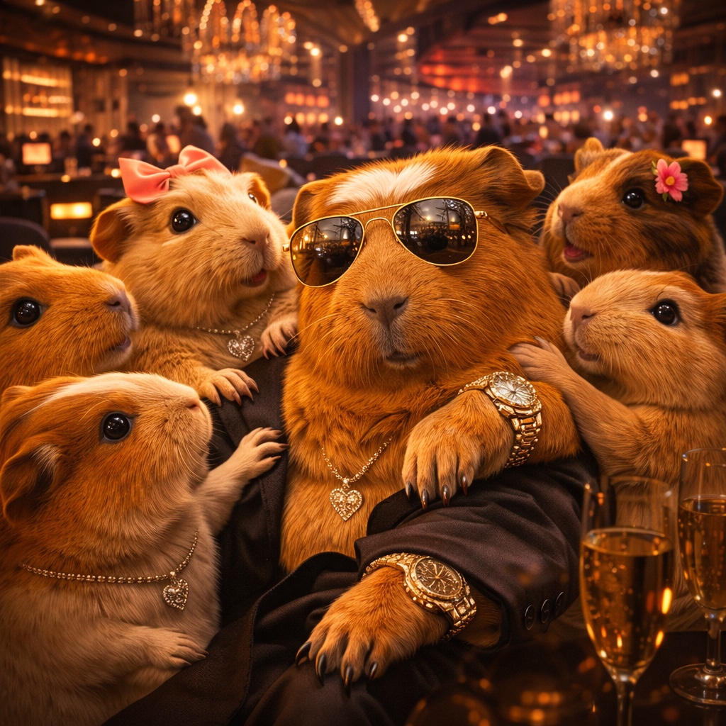 Randy surrounded by admirers in a luxury lounge