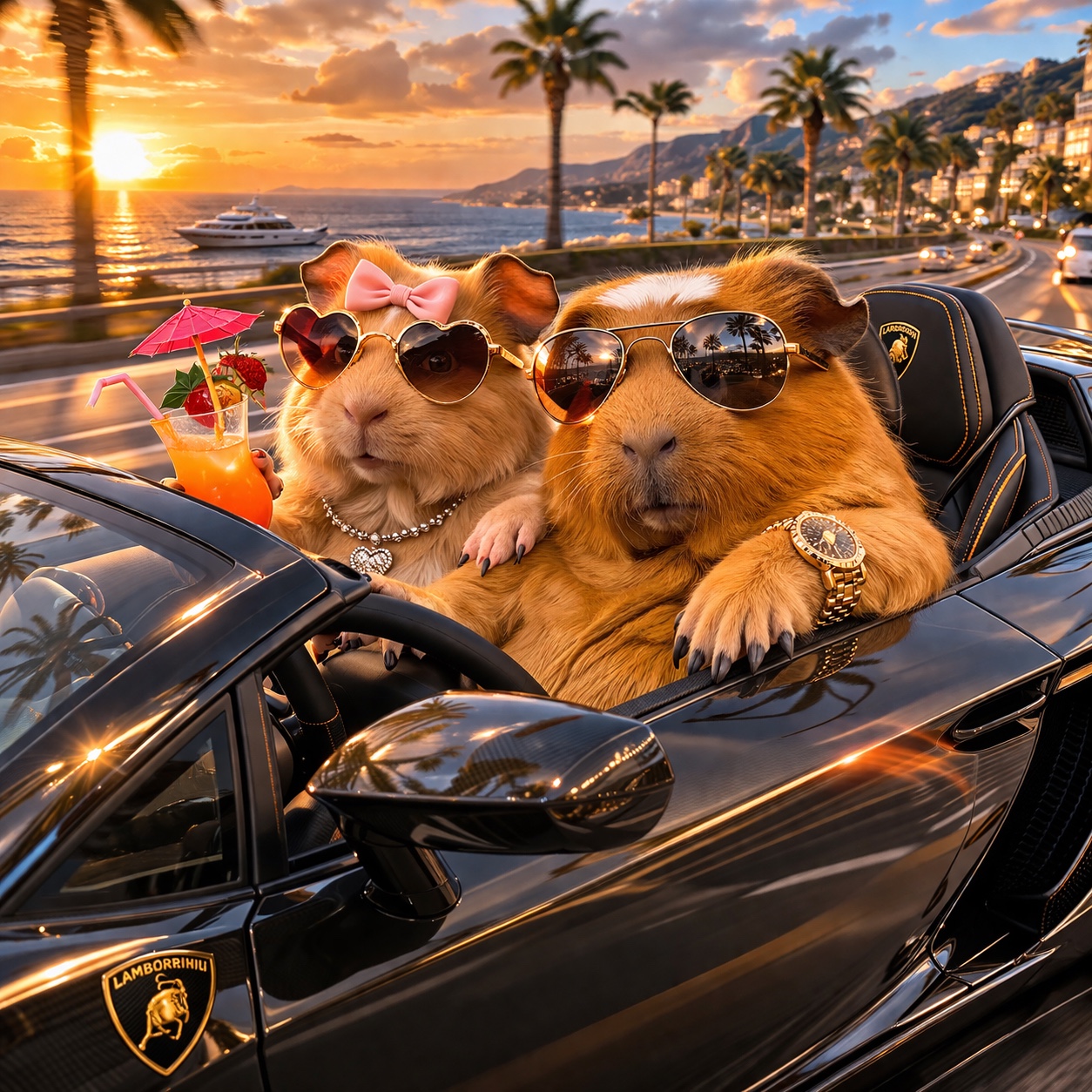 Randy and companion in a black convertible at sunset
