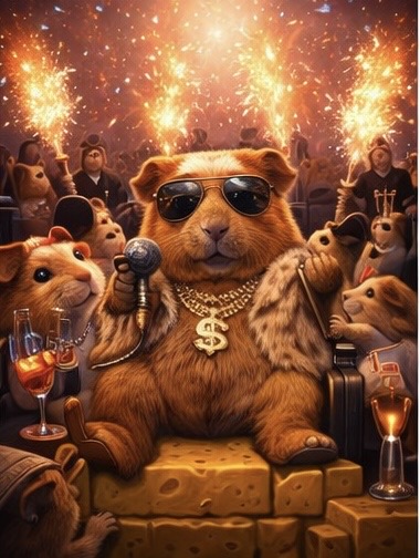 Randy on a throne with sunglasses and a microphone